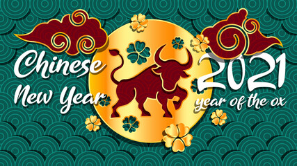 Chinese new year 2021 year of the ox background, red and gold ox character, clouds, flower and asian elements on background