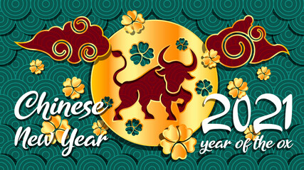 Chinese new year 2021 year of the ox background, red and gold ox character, clouds, flower and asian elements on background
