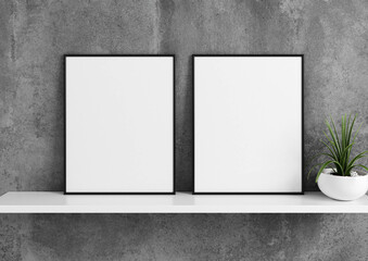 Vertical black frame mockup. Black frame poster on a white shelf with concrete wall and plants. 3D illustrations. 2 Frames Mockup