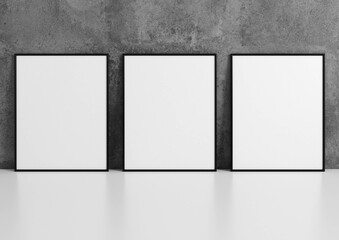 Three Vertical black frame mockup. Black frame poster on a concrete wall. 3D illustrations.