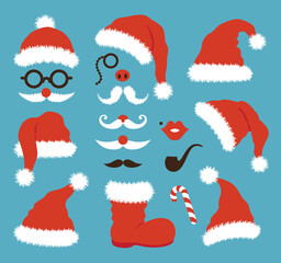 Christmas elements for Santa – red hats with fluffy fur pompons, boots, moustache, glasses, lips, noses, pipe, candy. Isolated symbols of New Year holiday for stickers, cards, greetings and surprises - obrazy, fototapety, plakaty