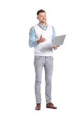 Male psychologist with laptop on white background
