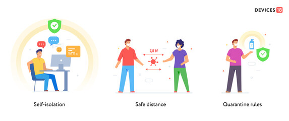 Fototapeta premium People use gadgets. set of icons, illustration. Quarantine, virus, protection, medicine.Flat illustration Icons infographics. Landing page site print poster.