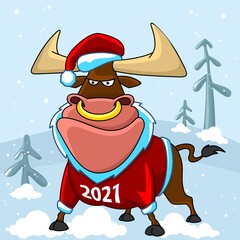 Bull illustration. The symbol of the Chinese New Year 2021. The bull is dressed in a Santa suit. Happy New Year.