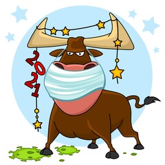 Bull illustration. The symbol of the Chinese New Year 2021. There is a bull in a mask. He defeated the coronavirus.