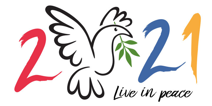Illustration d’une colombe tenant dans son bec un rameau d’olivier, pour souhaiter une année 2021 sous le signe de la paix dans le monde.