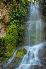 Little green forest waterfall near the Batu Cave Mountains in Kuala Lumpur, capital of Malaysia