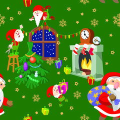 Gnomes collect gifts, decorate a room with a fireplace for Christmas, for the New Year with garlands. Pattern, vector, full color.