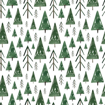 Seamless pattern with watercolor Christmas trees on a white background. Holiday, winter, new year, christmas.