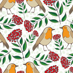 Robin Redbreast, berries and leaves seamless vector pattern background. Hand drawn European garden birds with lush foliage on textured backdrop. Winter nature wildlife and botanical all over print.