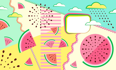 Horizontal design with slices of watermelons for covers for school or office notebooks, diaries, invitations. Trendy visual style. Flat ornament with blank space. Inspiration for active eating fruits