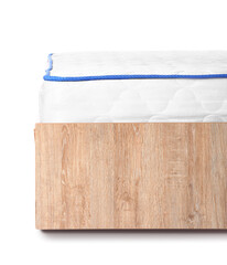 Bed with modern orthopedic mattress on white background