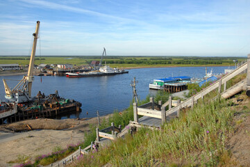 View at the port on Poluy river and river station. Salekhard, Yamalo-Nenets Autonomous Okrug (Yamal), Russia.