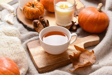 Cup of tea with aroma candle and autumn leaves on plaid