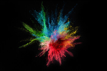 Explosion of colored powder isolated on black background. Abstract colored background