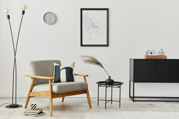 Modern retro concept of home interior with design grey armchair, coffee table, commode, plants,...