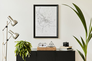 Stylish composition of living room interior with design black commode, a lot of plants, mock up...
