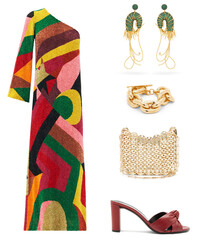Unique collage of women's fashion clothes, shoes and accessories

