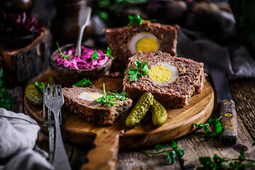 meatloaf with beets and eggs.selective focus..style rustic