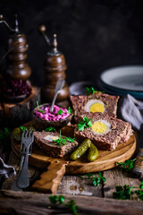 meatloaf with beets and eggs.selective focus..style rustic