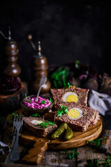 meatloaf with beets and eggs.selective focus..style rustic