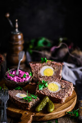 meatloaf with beets and eggs.selective focus..style rustic