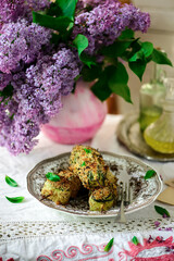 sausage rolls in zucchini on skewers.style rustic