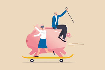 Retirement planning, success investment in 401K, Roth IRA or retirement pension fund concept, happy elderly couple senior man riding huge piggy bank with his wife on fast growth skate board.