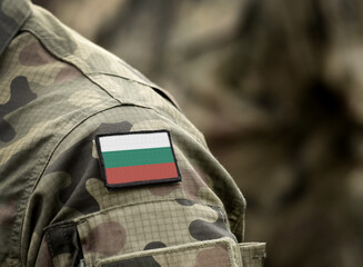 Flag of Bulgaria on military uniform. Army, armed forces, soldiers. Collage.