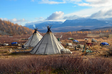 Camp of khanty reindeer herders in Malaya Paypudyna river valley. Polar Ural, Yamalo-Nenets...
