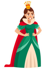 Displeased queen with hands on her belt. Royal character in cartoon style.