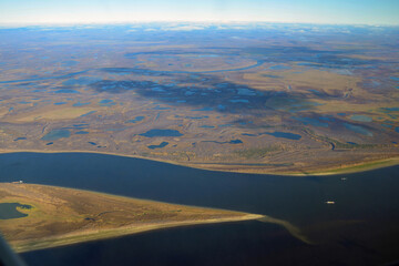Tundra landscape. View of Ob river from the plane. Yamalo-Nenets Autonomous Okrug (Yamal), Russia.