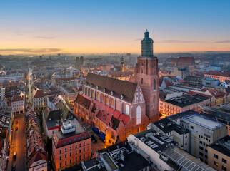 Wroclaw, Poland. Aerial view of St Elizabeth church on sunrise