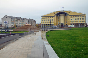 Naklejka premium View of Purovsky District Administration building. Tarko-Sale, Yamalo-Nenets Autonomous Okrug (Yamal), Russia.