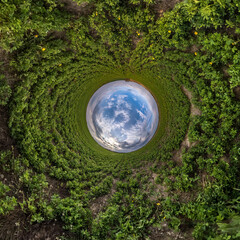 Blue little planet. Inversion of tiny planet transformation of spherical panorama 360 degrees. Spherical abstract aerial view. Curvature of space.