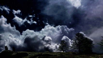 Plakat Illustration of a dark barren landscape with trees and foreboding clouds and stars in the background.