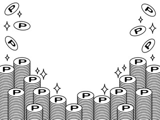 積み重なり輝くモノクロのポイントコインのフレーム　複数バリエーションあり