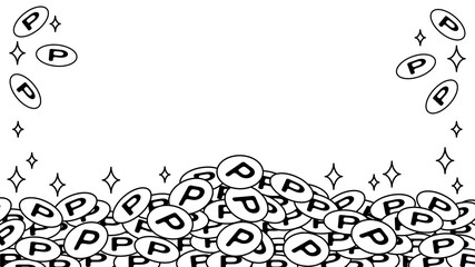 山積みになり輝くモノクロのポイントコインのフレーム　複数バリエーションあり