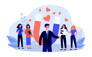 Happy man popular with ladies. Handsome guy attracting love and hearts with magnet flat vector illustration. Popularity, magnetism, attraction concept for banner, website design or landing web page