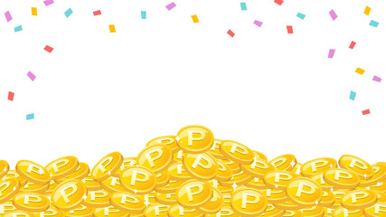 紙吹雪と山積みになり輝く大量のポイントコインのイラスト背景素材　画面比率16:9