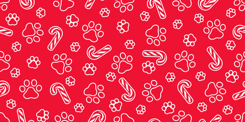 dog paw seamless pattern chriatmas candy cane footprint french bulldog puppy vector pet cartoon repeat wallpaper tile background scarf isolated illustration doodle design © CNuisin
