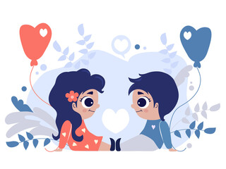 Lovely little children. Couple - A girl and a boy sit opposite each other with balloons in their hands on purple background with decorative flowers and leaves. Vector illustration. childrens concept 