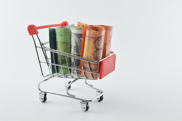 View of shopping cart and banknotes isolated on a white background. Business concept. 