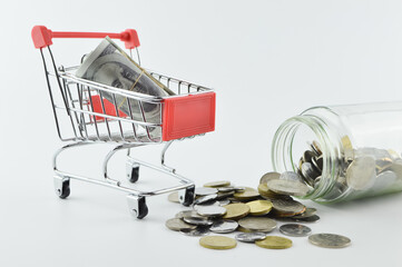 Selective focus of shopping cart, banknote, coins and bottle isolated on a white background. Shopping concept.