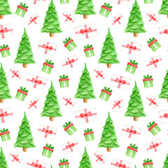 Watercolor seamless pattern with green Christmas trees and gift boxes with red ribbon bows. Hand painted evergreen fir forest tree design isolated on white background. New year celebration ornament