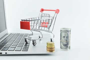 Selective focus of laptop, shopping cart, coins and banknote isolated on a white background.. Online shopping concept.