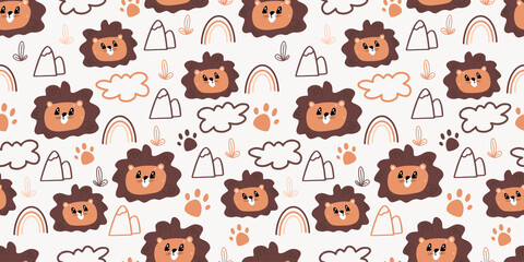 Seamless background with cute lion head. Decorative cute wallpaper for the nursery in the Scandinavian style. Suitable for children's clothing, interior design, packaging, printing.