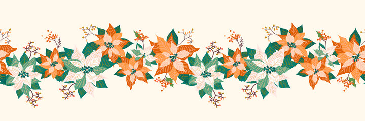 Winter Christmas floral seamless long border pattern background with pale poinsettia flower, leaf and elderberry fruits garland design