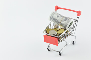 View of shopping cart, banknote and coins isolated on a white background. Shopping concept.