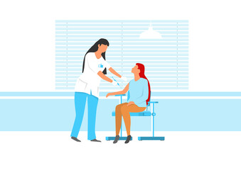 The nurse vaccinates the woman in a doctor's office. The concept of health protection through preventive vaccinations. Flat vector illustration.
